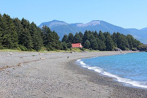 Passengers aboard the MV Uchuck III enjoy a shoreline hike behind the Cultural Centre, along a trail that passes a graveyard in the rainforest on their way to Aa-aak-quak-sius (Jewitt) Lake.